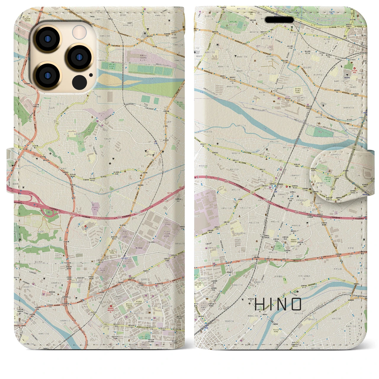 【日野】地図柄iPhoneケース（手帳両面タイプ・ナチュラル）iPhone 12 Pro Max 用