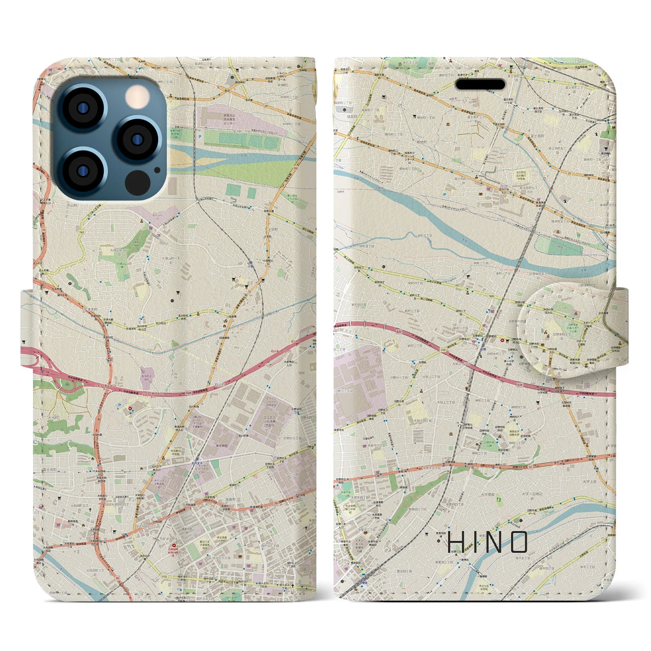 【日野】地図柄iPhoneケース（手帳両面タイプ・ナチュラル）iPhone 12 / 12 Pro 用