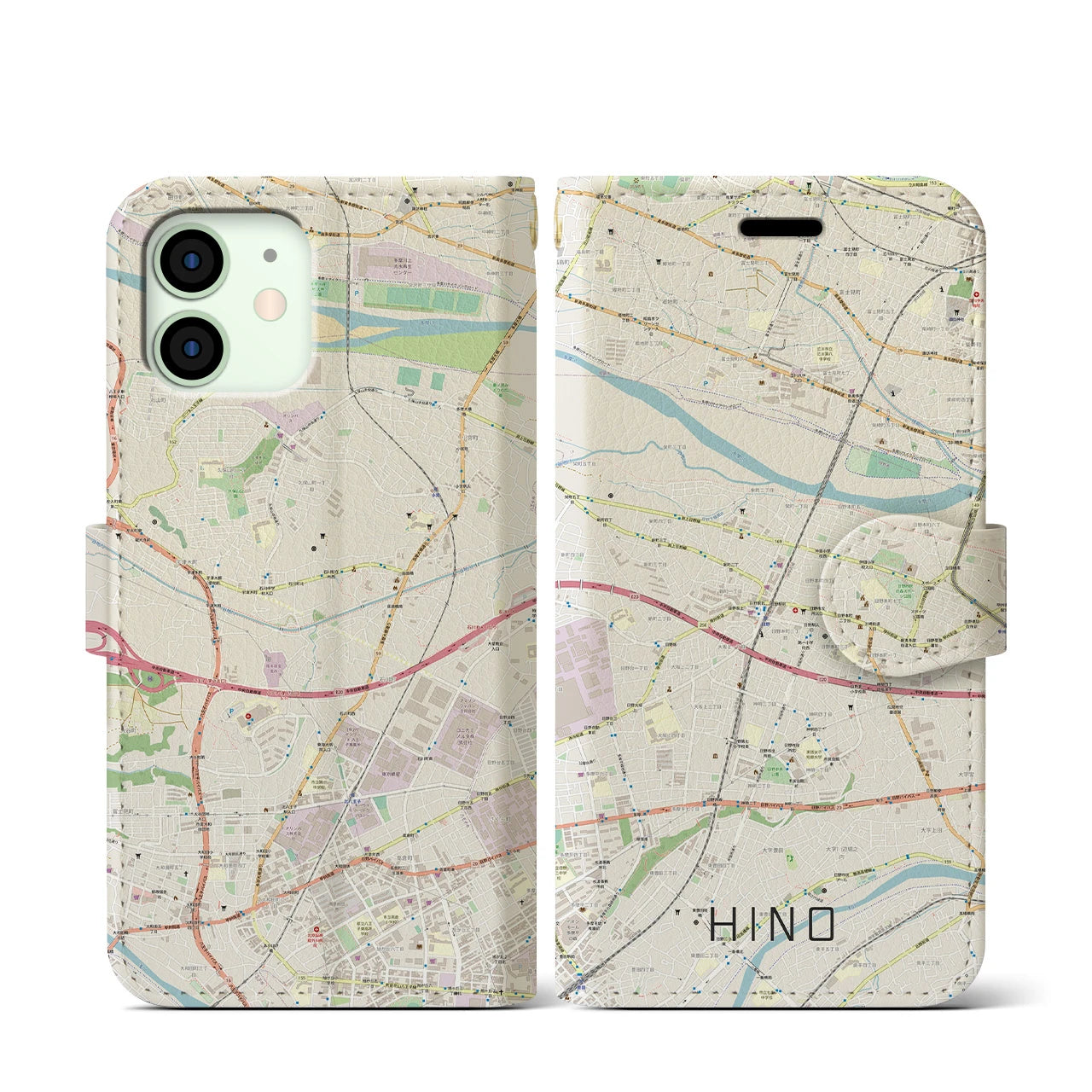【日野】地図柄iPhoneケース（手帳両面タイプ・ナチュラル）iPhone 12 mini 用