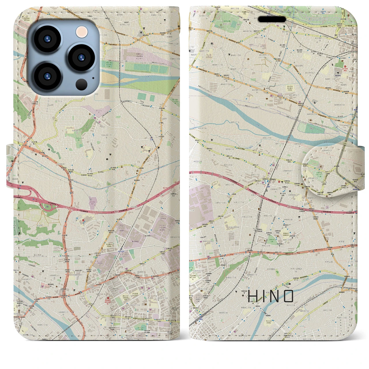 【日野】地図柄iPhoneケース（手帳両面タイプ・ナチュラル）iPhone 13 Pro Max 用