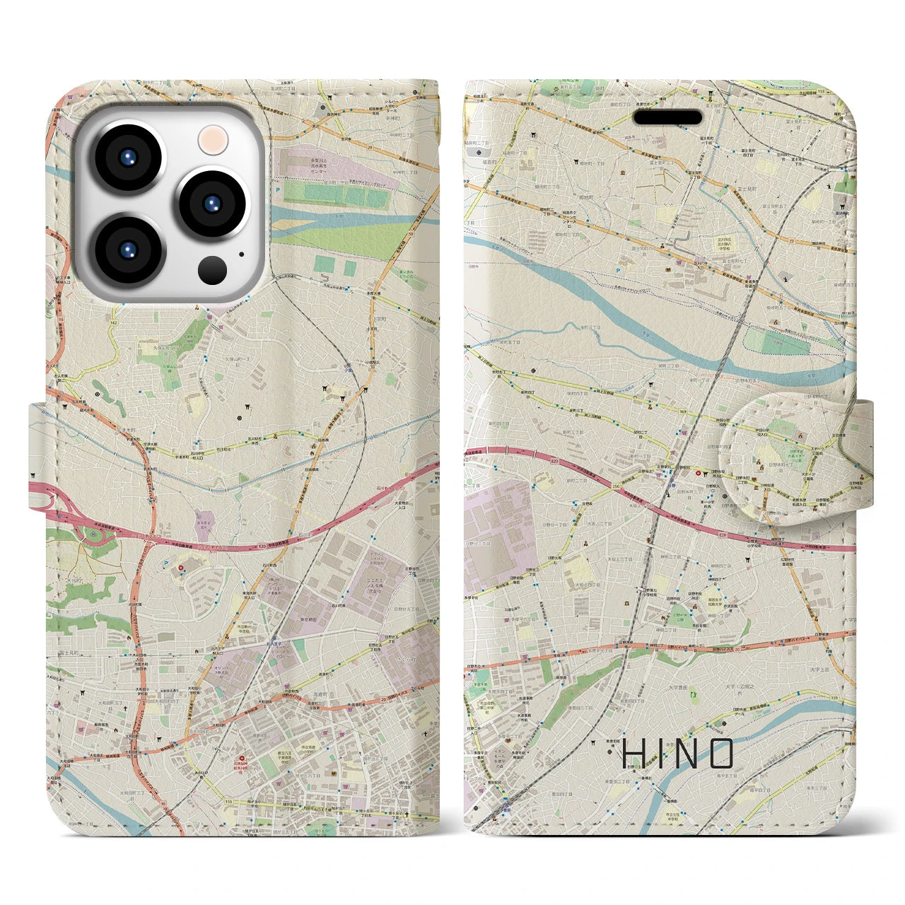 【日野】地図柄iPhoneケース（手帳両面タイプ・ナチュラル）iPhone 13 Pro 用