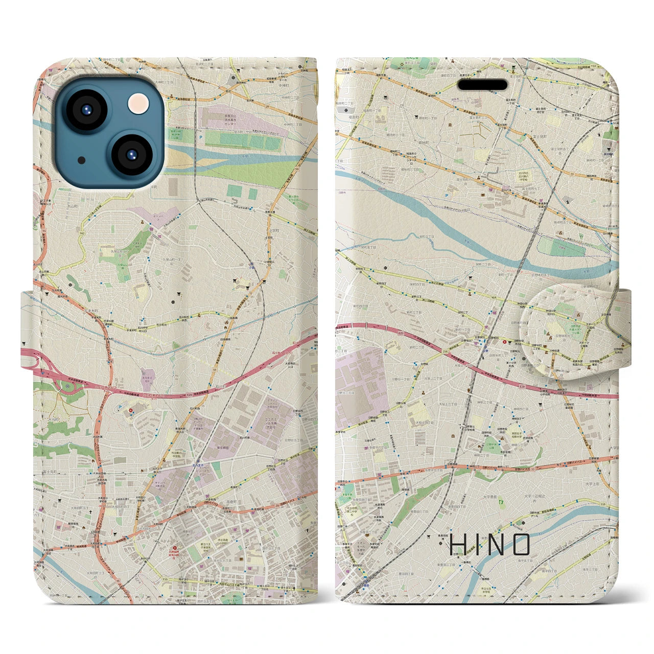 【日野】地図柄iPhoneケース（手帳両面タイプ・ナチュラル）iPhone 13 用