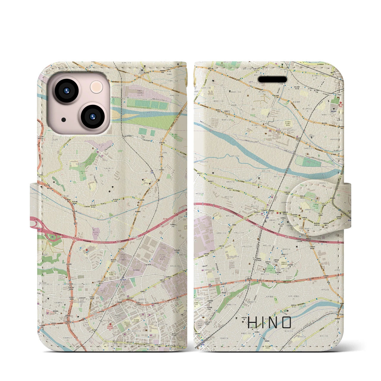 【日野】地図柄iPhoneケース（手帳両面タイプ・ナチュラル）iPhone 13 mini 用