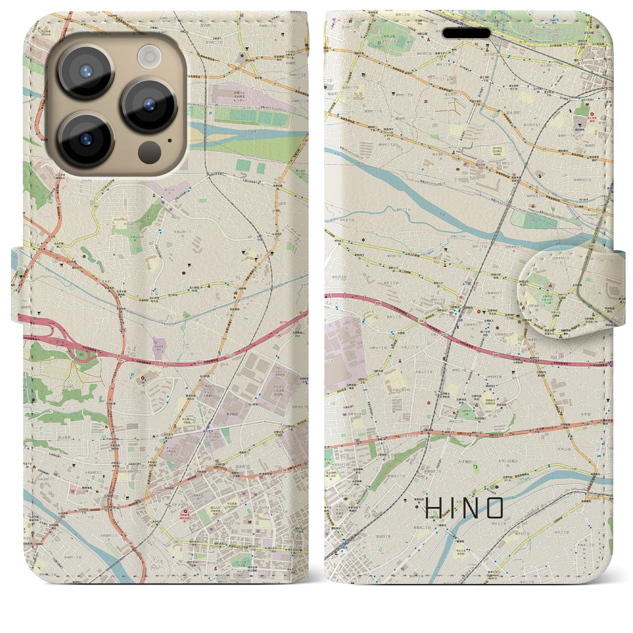 【日野】地図柄iPhoneケース（手帳両面タイプ・ナチュラル）iPhone 14 Pro Max 用