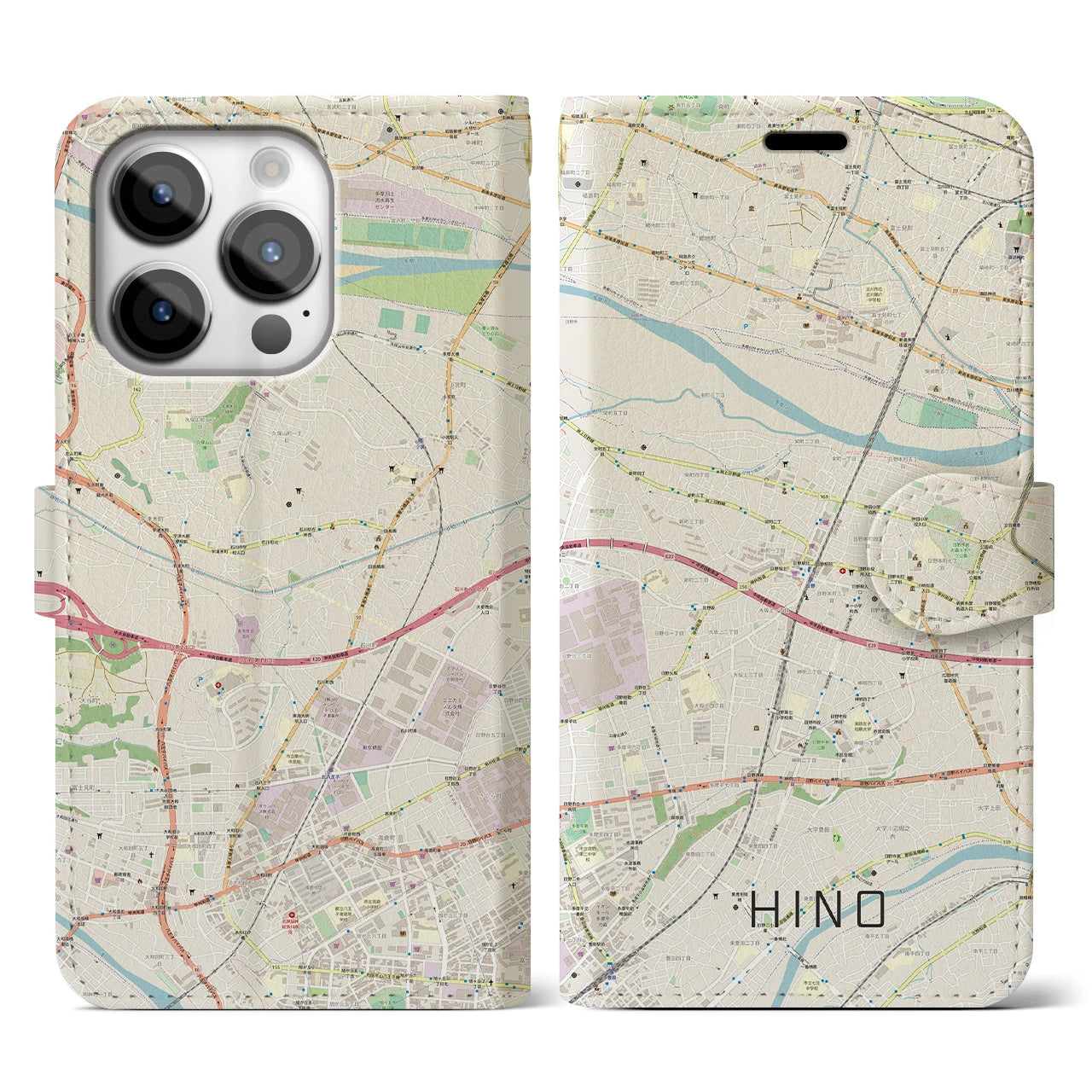 【日野】地図柄iPhoneケース（手帳両面タイプ・ナチュラル）iPhone 14 Pro 用