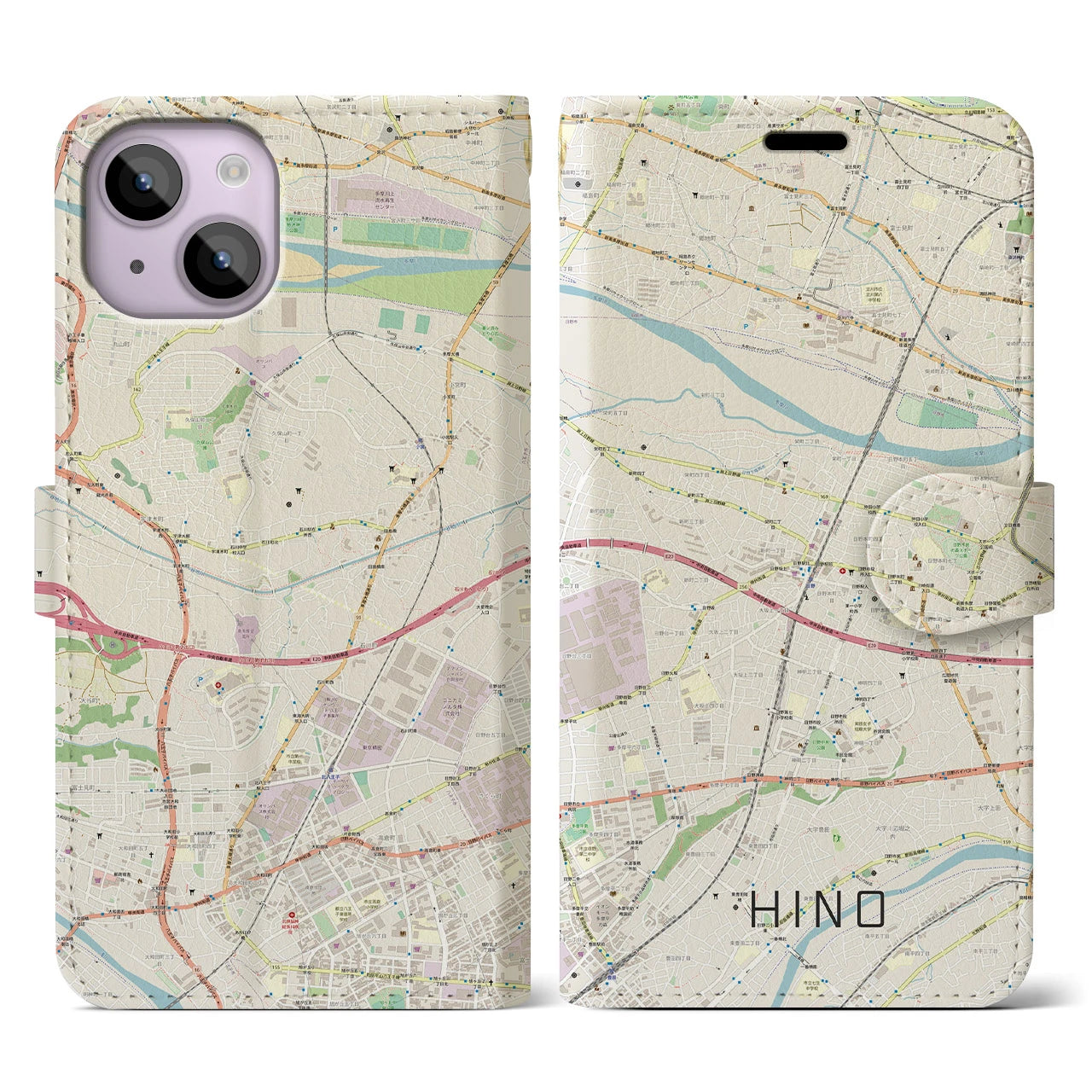 【日野】地図柄iPhoneケース（手帳両面タイプ・ナチュラル）iPhone 14 用