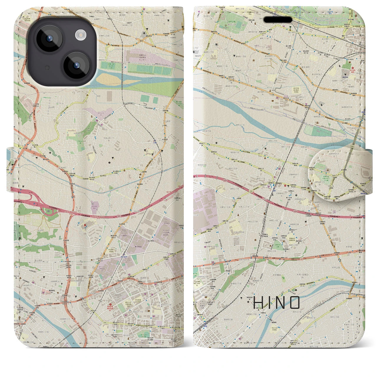【日野】地図柄iPhoneケース（手帳両面タイプ・ナチュラル）iPhone 14 Plus 用