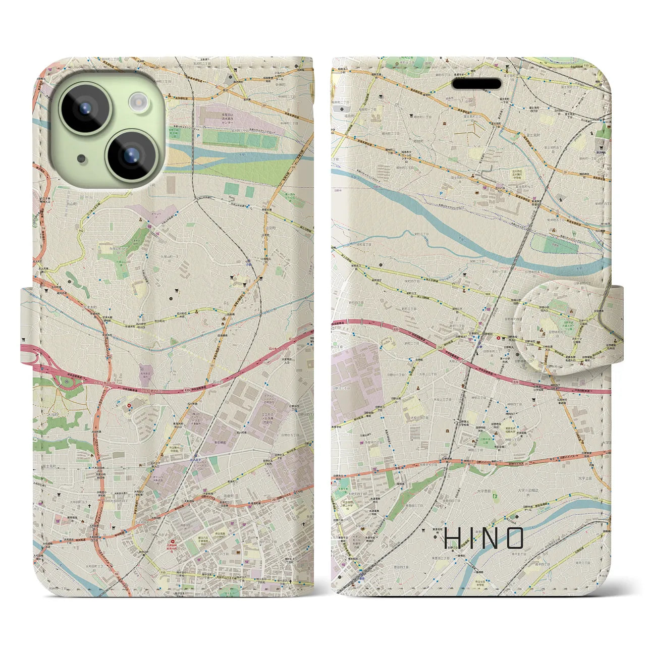 【日野】地図柄iPhoneケース（手帳両面タイプ・ナチュラル）iPhone 15 用