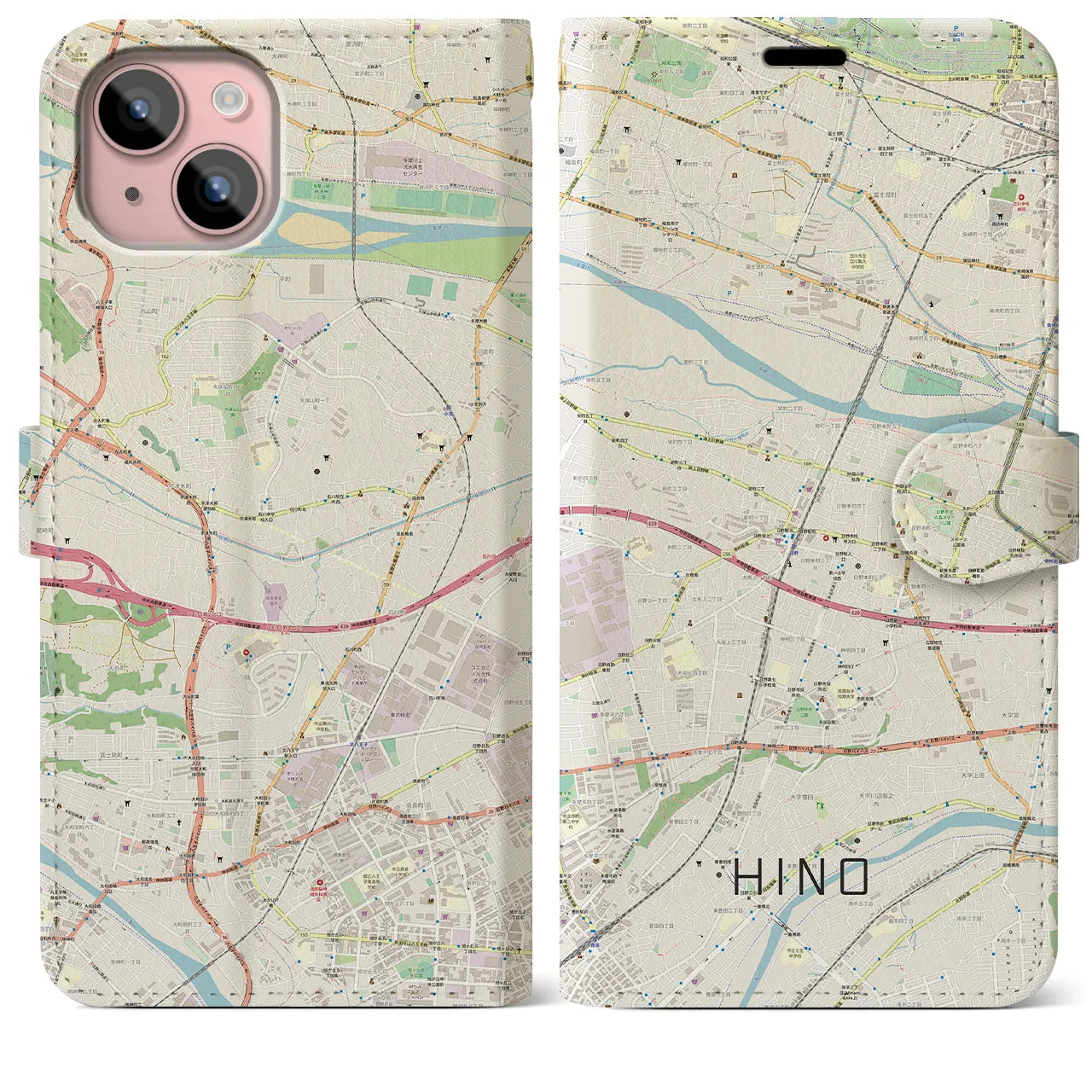 【日野】地図柄iPhoneケース（手帳両面タイプ・ナチュラル）iPhone 15 Plus 用