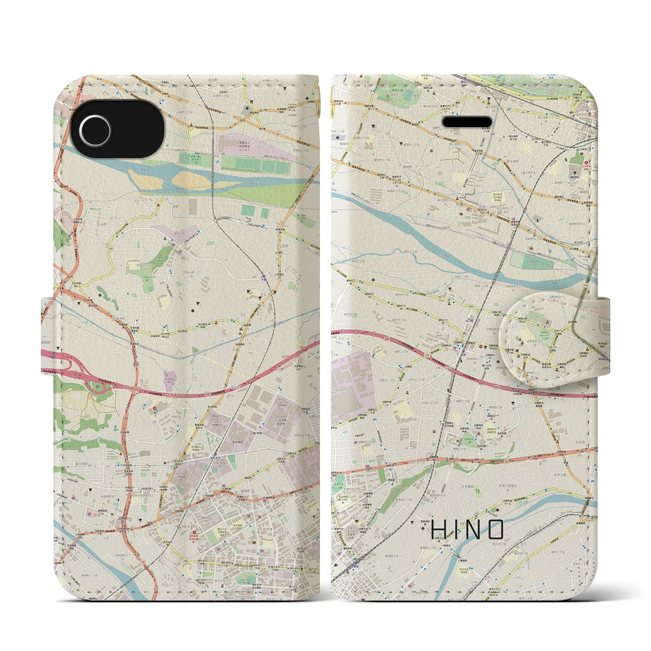 【日野】地図柄iPhoneケース（手帳両面タイプ・ナチュラル）iPhone SE（第3 / 第2世代） / 8 / 7 / 6s / 6 用