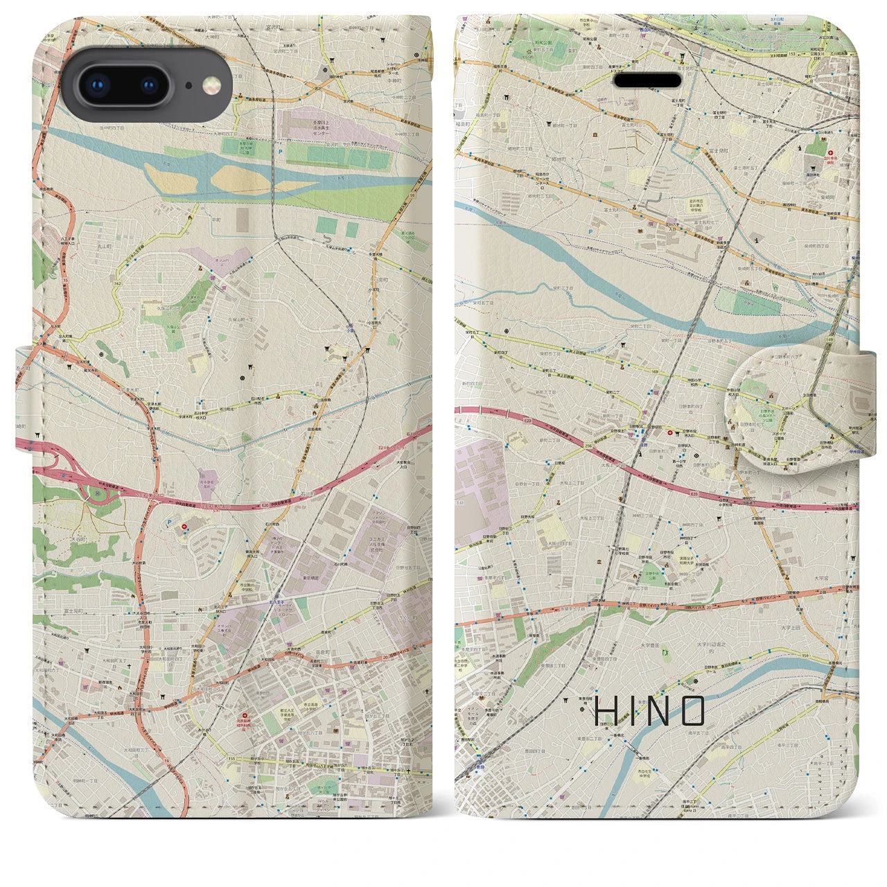 【日野】地図柄iPhoneケース（手帳両面タイプ・ナチュラル）iPhone 8Plus /7Plus / 6sPlus / 6Plus 用
