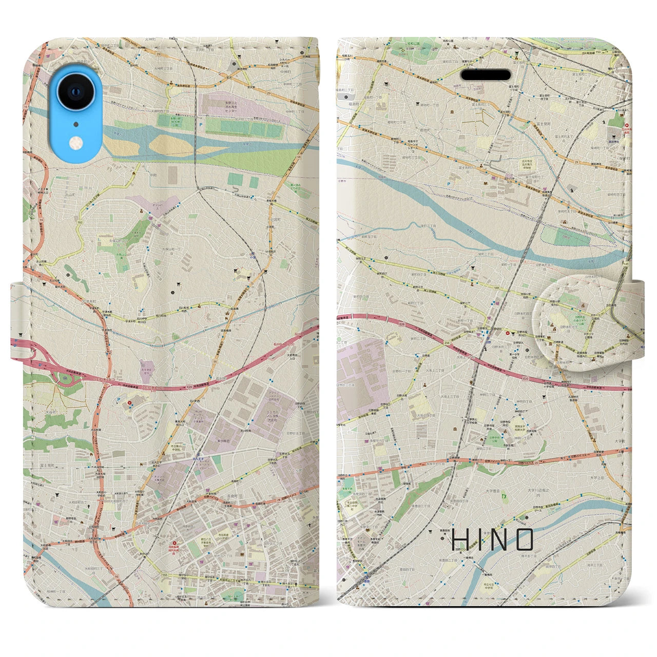 【日野】地図柄iPhoneケース（手帳両面タイプ・ナチュラル）iPhone XR 用