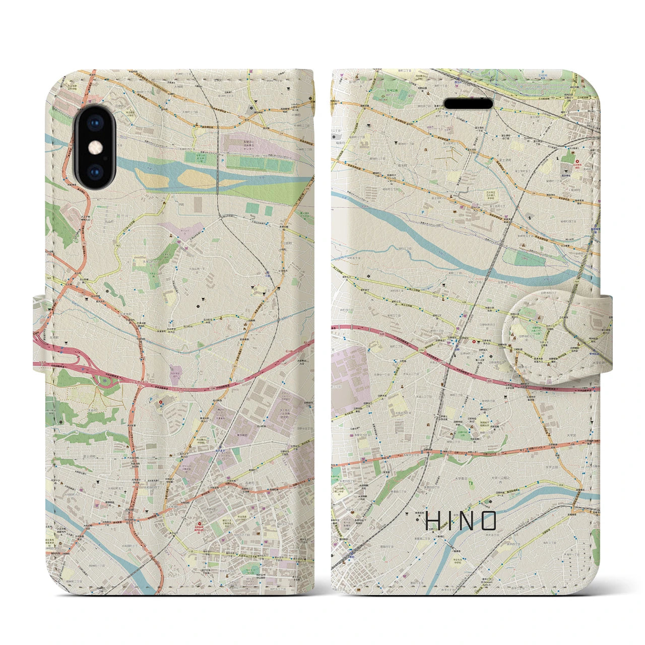 【日野】地図柄iPhoneケース（手帳両面タイプ・ナチュラル）iPhone XS / X 用