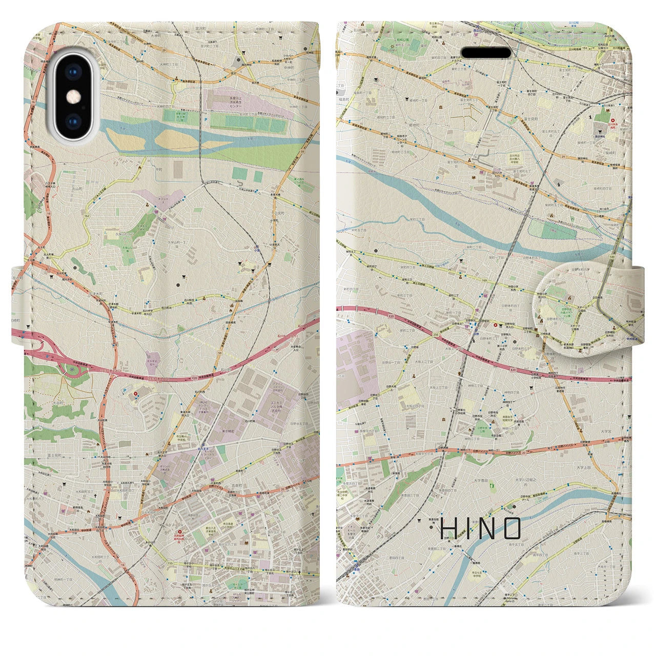 【日野】地図柄iPhoneケース（手帳両面タイプ・ナチュラル）iPhone XS Max 用