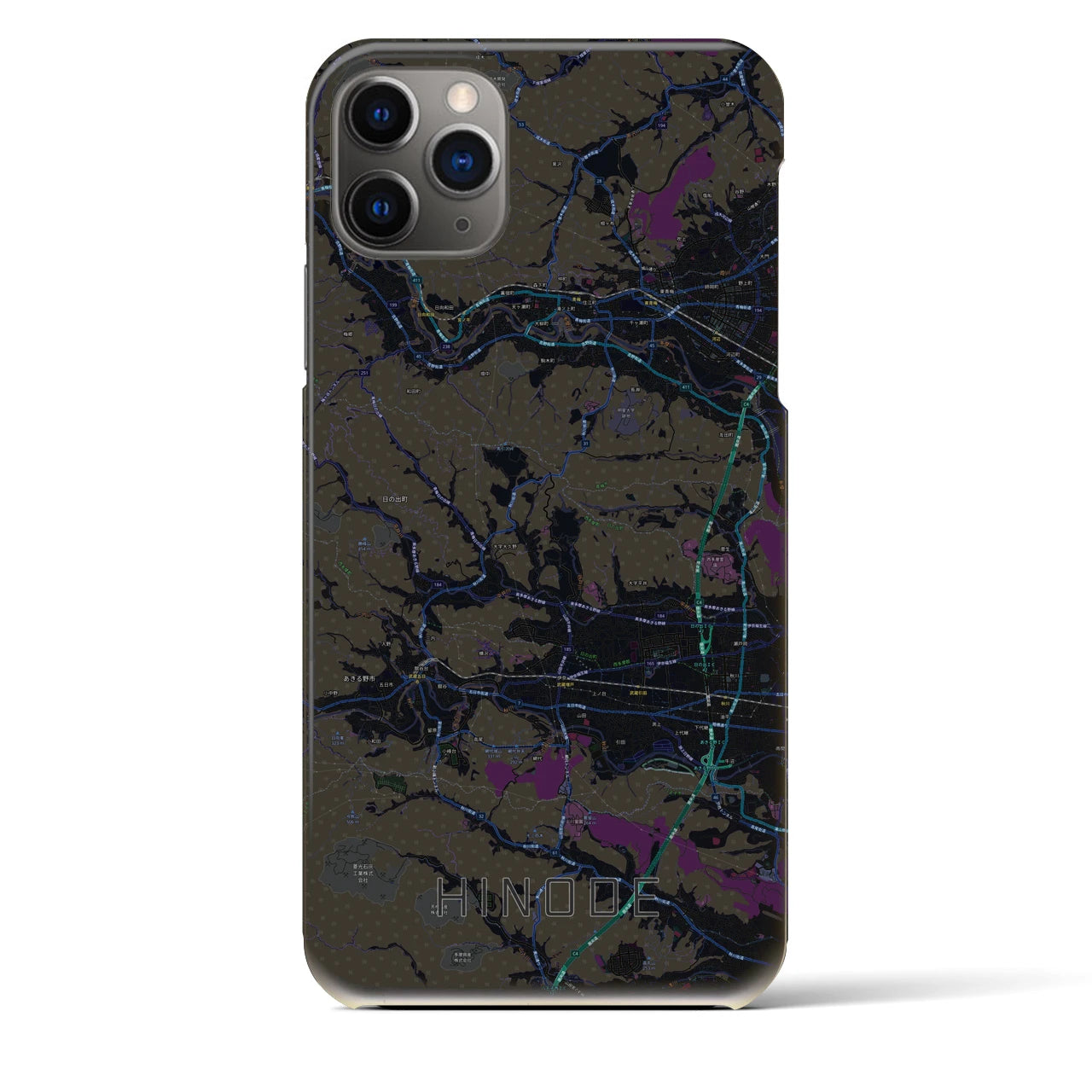 【日の出】地図柄iPhoneケース（バックカバータイプ・ブラック）iPhone 11 Pro Max 用