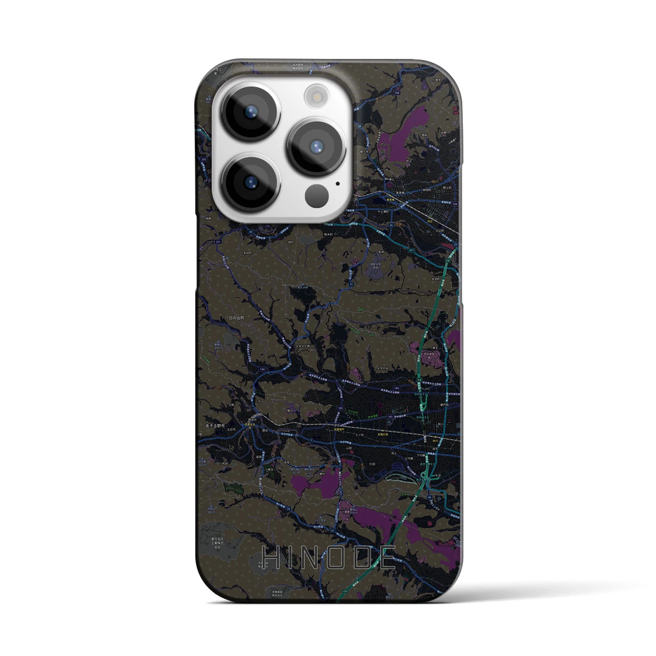 【日の出】地図柄iPhoneケース（バックカバータイプ・ブラック）iPhone 14 Pro 用