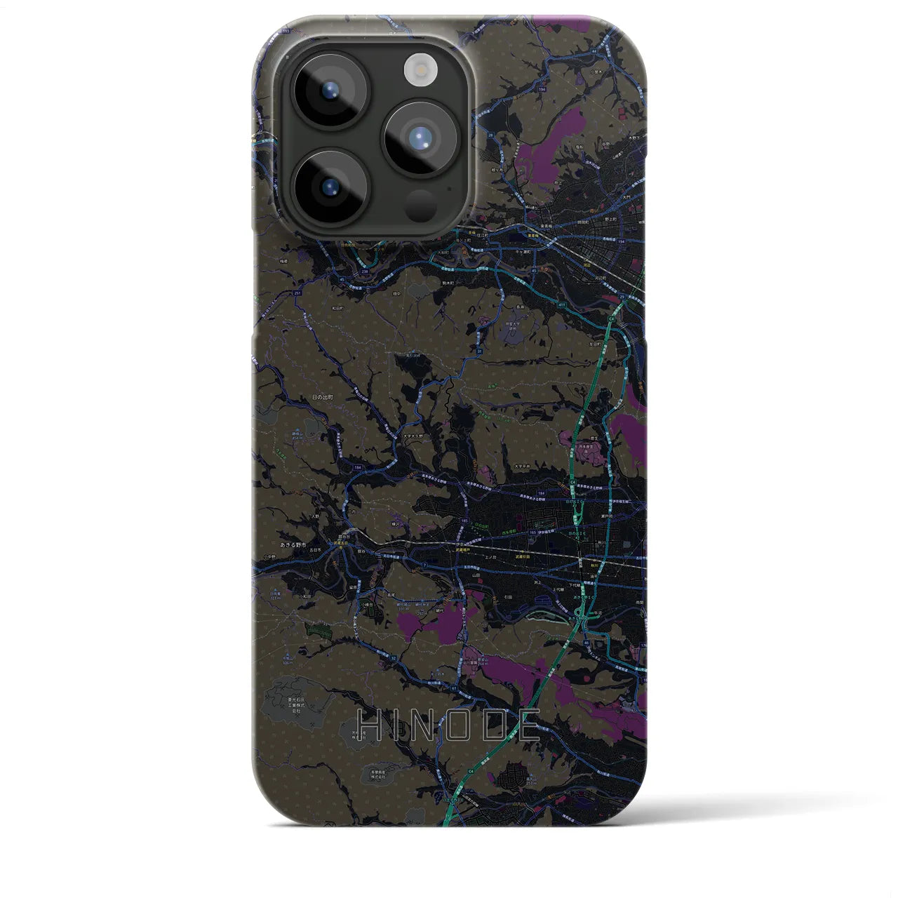 【日の出】地図柄iPhoneケース（バックカバータイプ・ブラック）iPhone 15 Pro Max 用