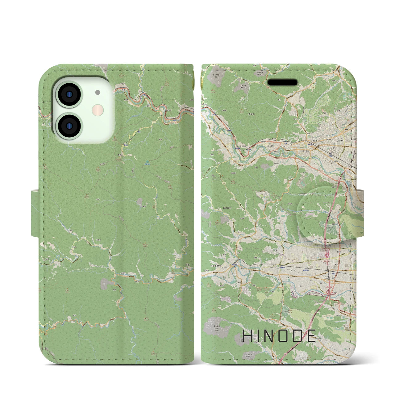 【日の出】地図柄iPhoneケース（手帳両面タイプ・ナチュラル）iPhone 12 mini 用