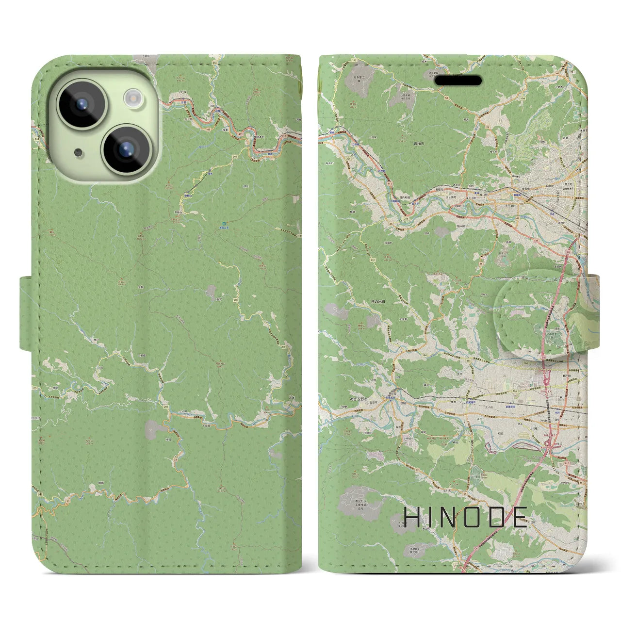 【日の出】地図柄iPhoneケース（手帳両面タイプ・ナチュラル）iPhone 15 用
