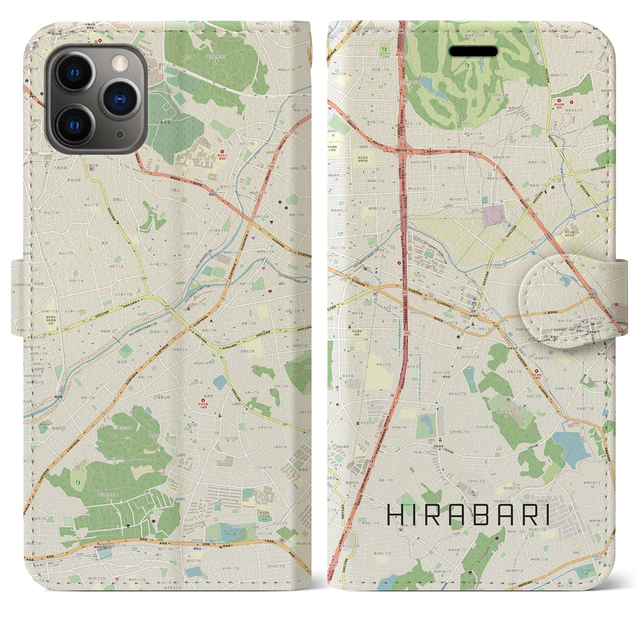 【平針】地図柄iPhoneケース（手帳両面タイプ・ナチュラル）iPhone 11 Pro Max 用