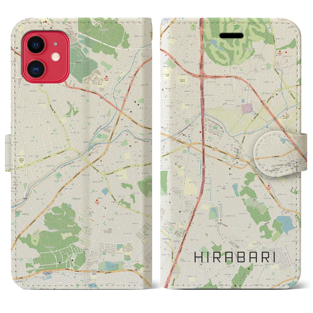 【平針】地図柄iPhoneケース（手帳両面タイプ・ナチュラル）iPhone 11 用