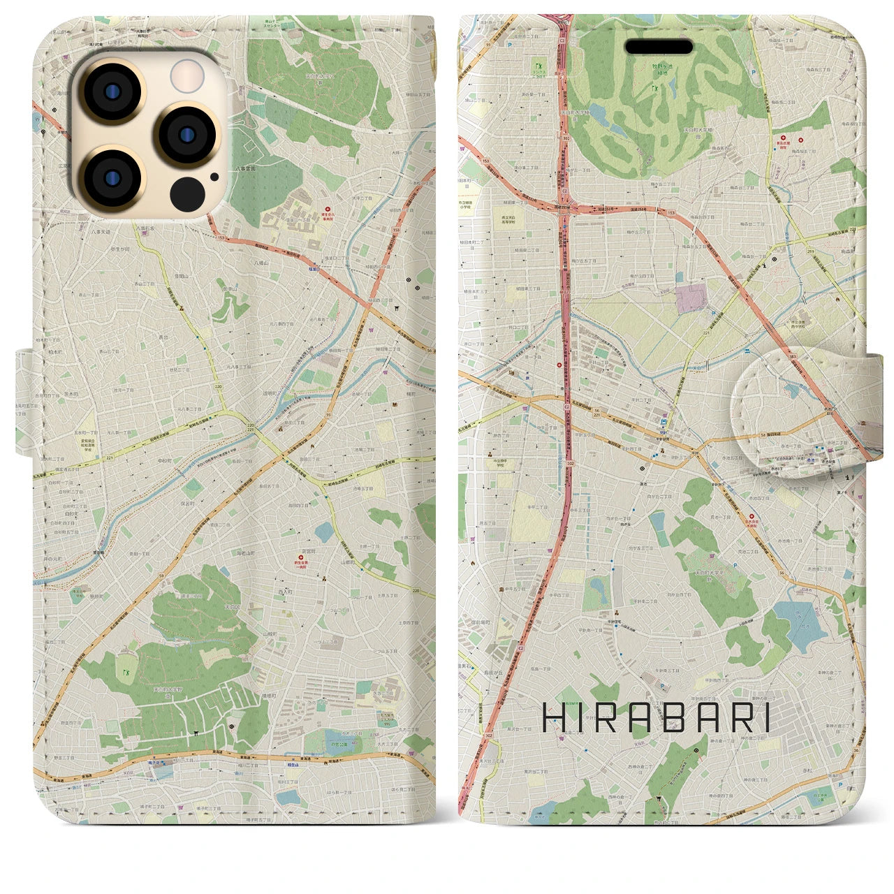 【平針】地図柄iPhoneケース（手帳両面タイプ・ナチュラル）iPhone 12 Pro Max 用