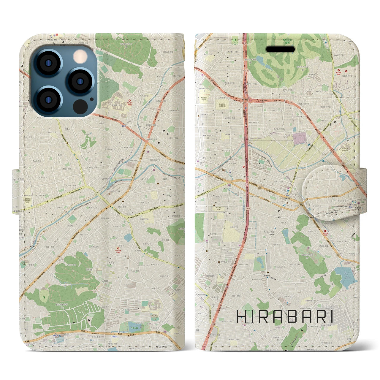 【平針】地図柄iPhoneケース（手帳両面タイプ・ナチュラル）iPhone 12 / 12 Pro 用