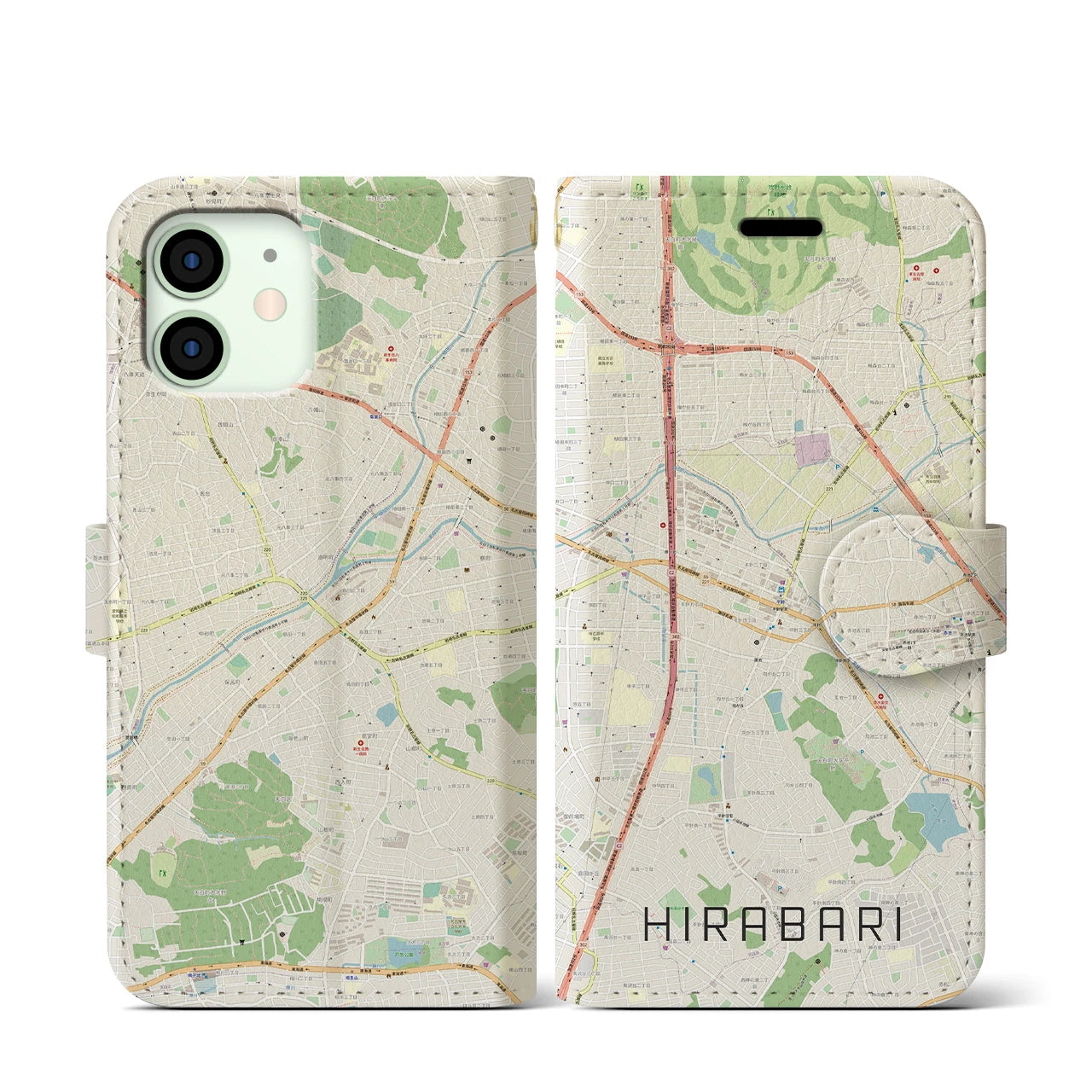 【平針】地図柄iPhoneケース（手帳両面タイプ・ナチュラル）iPhone 12 mini 用