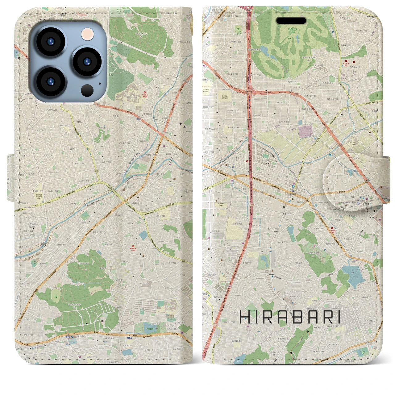 【平針】地図柄iPhoneケース（手帳両面タイプ・ナチュラル）iPhone 13 Pro Max 用