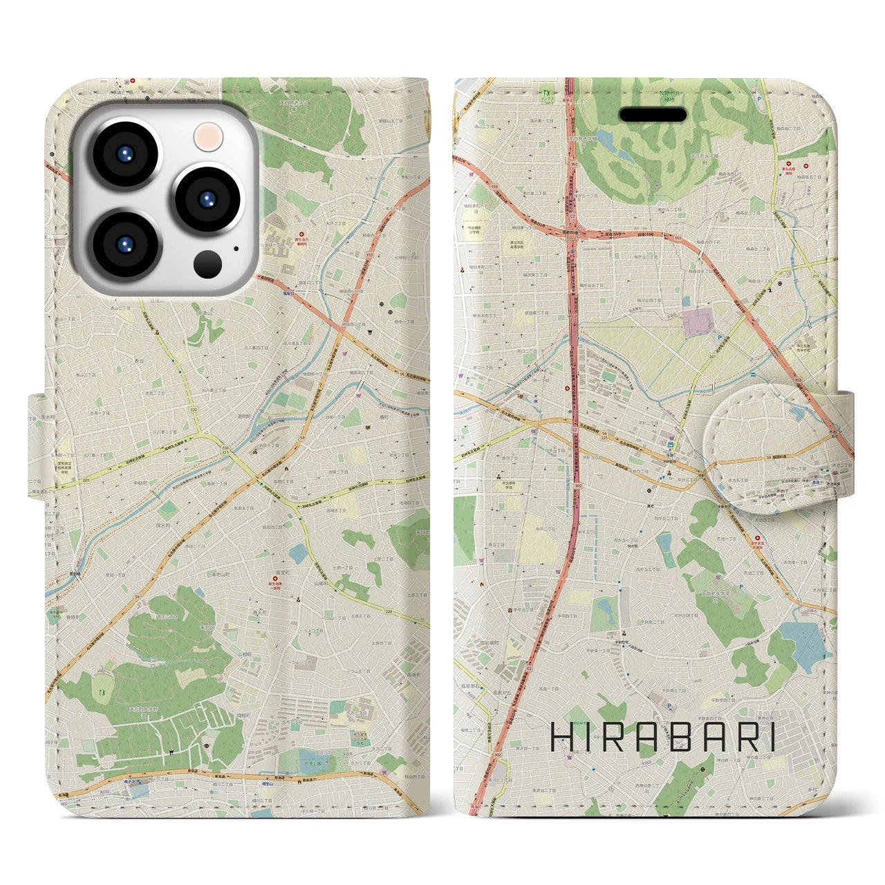 【平針】地図柄iPhoneケース（手帳両面タイプ・ナチュラル）iPhone 13 Pro 用