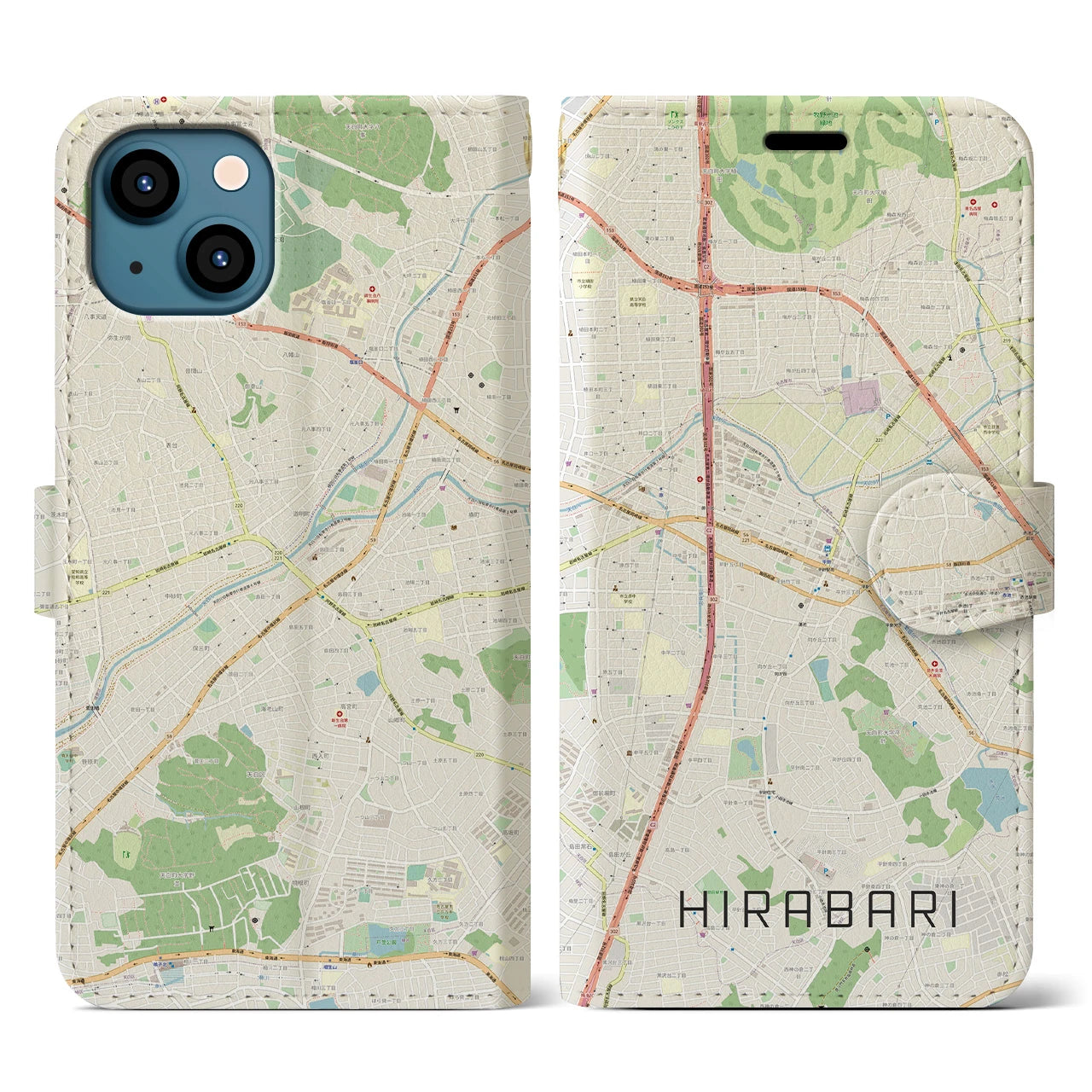 【平針】地図柄iPhoneケース（手帳両面タイプ・ナチュラル）iPhone 13 用