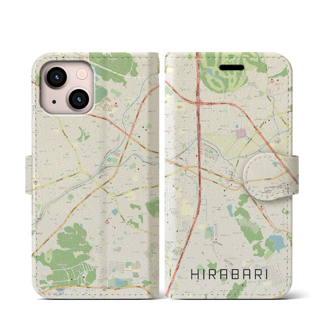 【平針】地図柄iPhoneケース（手帳両面タイプ・ナチュラル）iPhone 13 mini 用