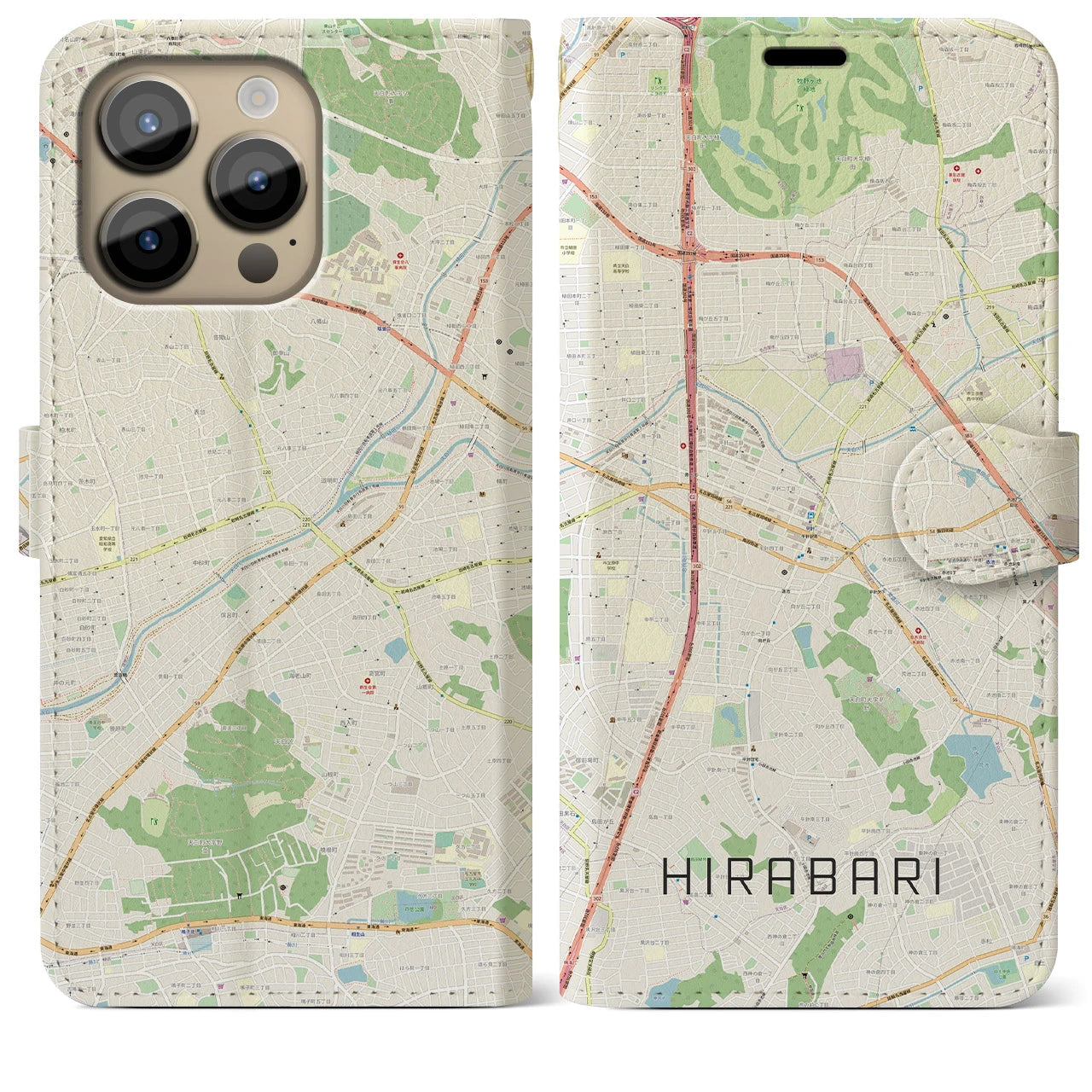【平針】地図柄iPhoneケース（手帳両面タイプ・ナチュラル）iPhone 14 Pro Max 用
