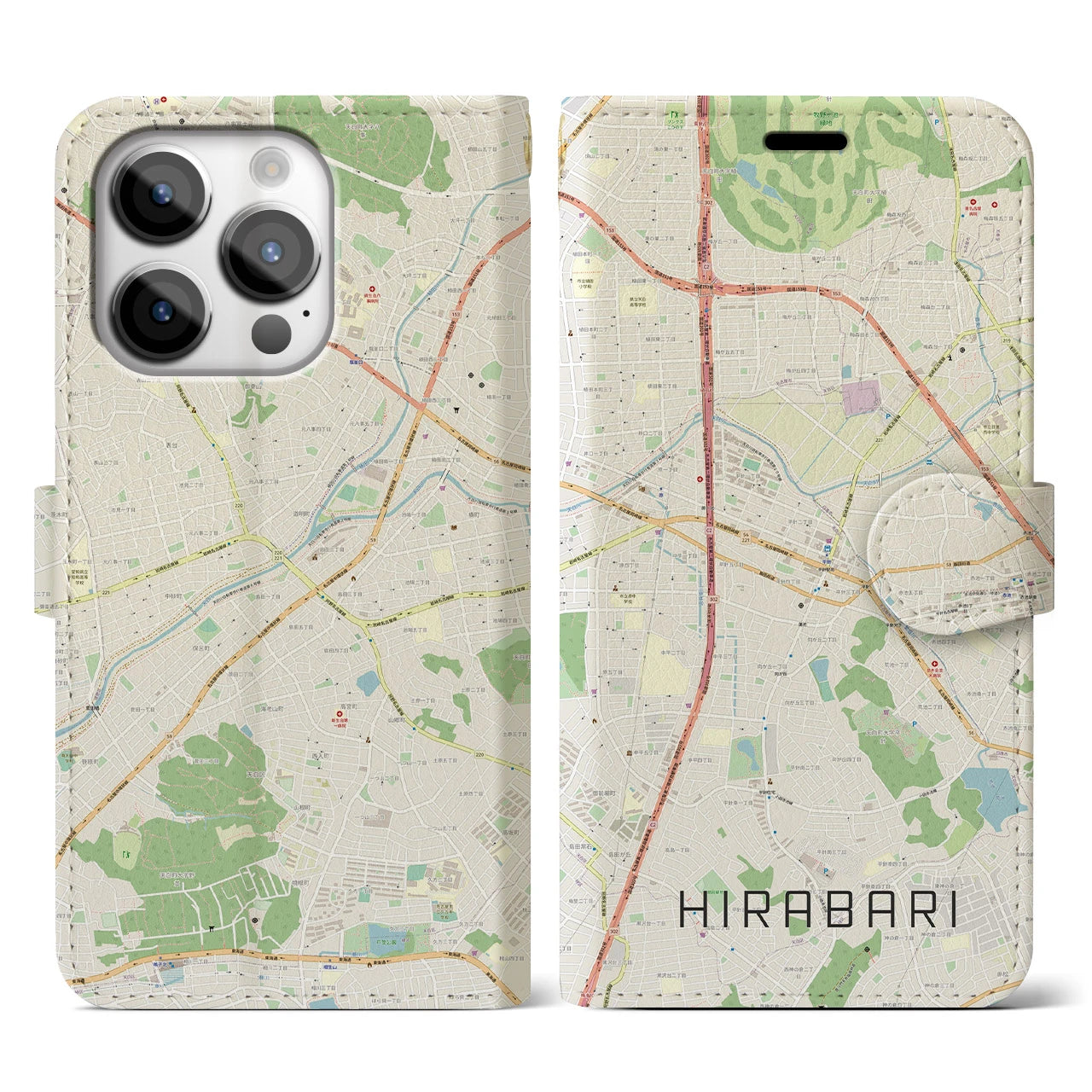 【平針】地図柄iPhoneケース（手帳両面タイプ・ナチュラル）iPhone 14 Pro 用