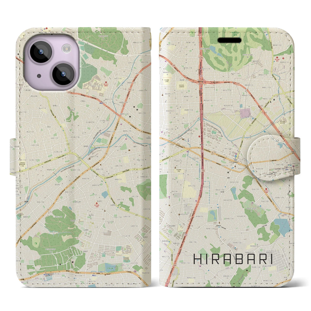 【平針】地図柄iPhoneケース（手帳両面タイプ・ナチュラル）iPhone 14 用