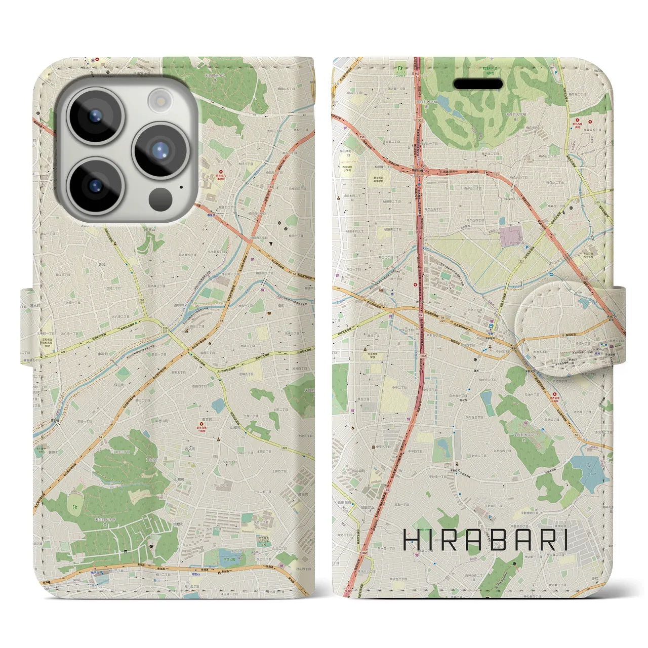 【平針】地図柄iPhoneケース（手帳両面タイプ・ナチュラル）iPhone 15 Pro 用