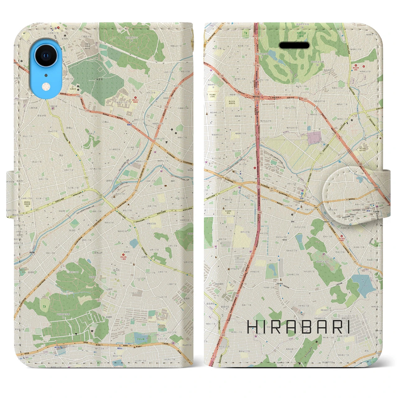 【平針】地図柄iPhoneケース（手帳両面タイプ・ナチュラル）iPhone XR 用