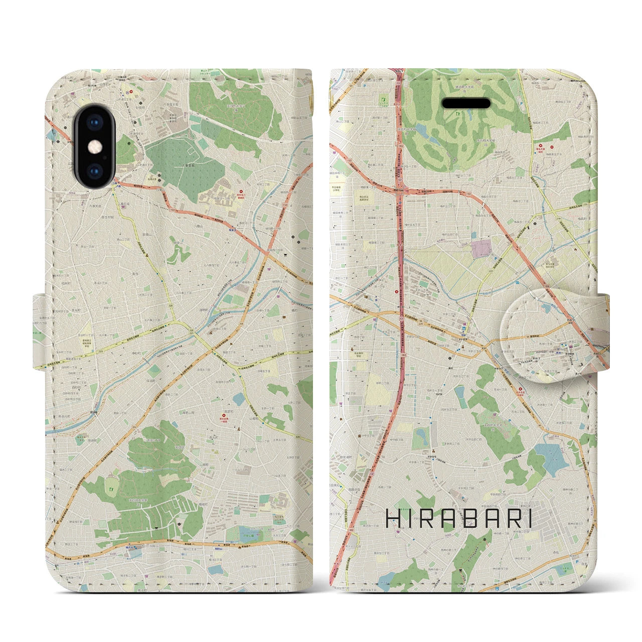 【平針】地図柄iPhoneケース（手帳両面タイプ・ナチュラル）iPhone XS / X 用
