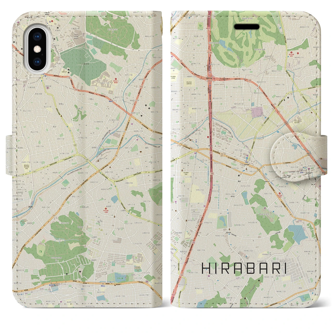 【平針】地図柄iPhoneケース（手帳両面タイプ・ナチュラル）iPhone XS Max 用
