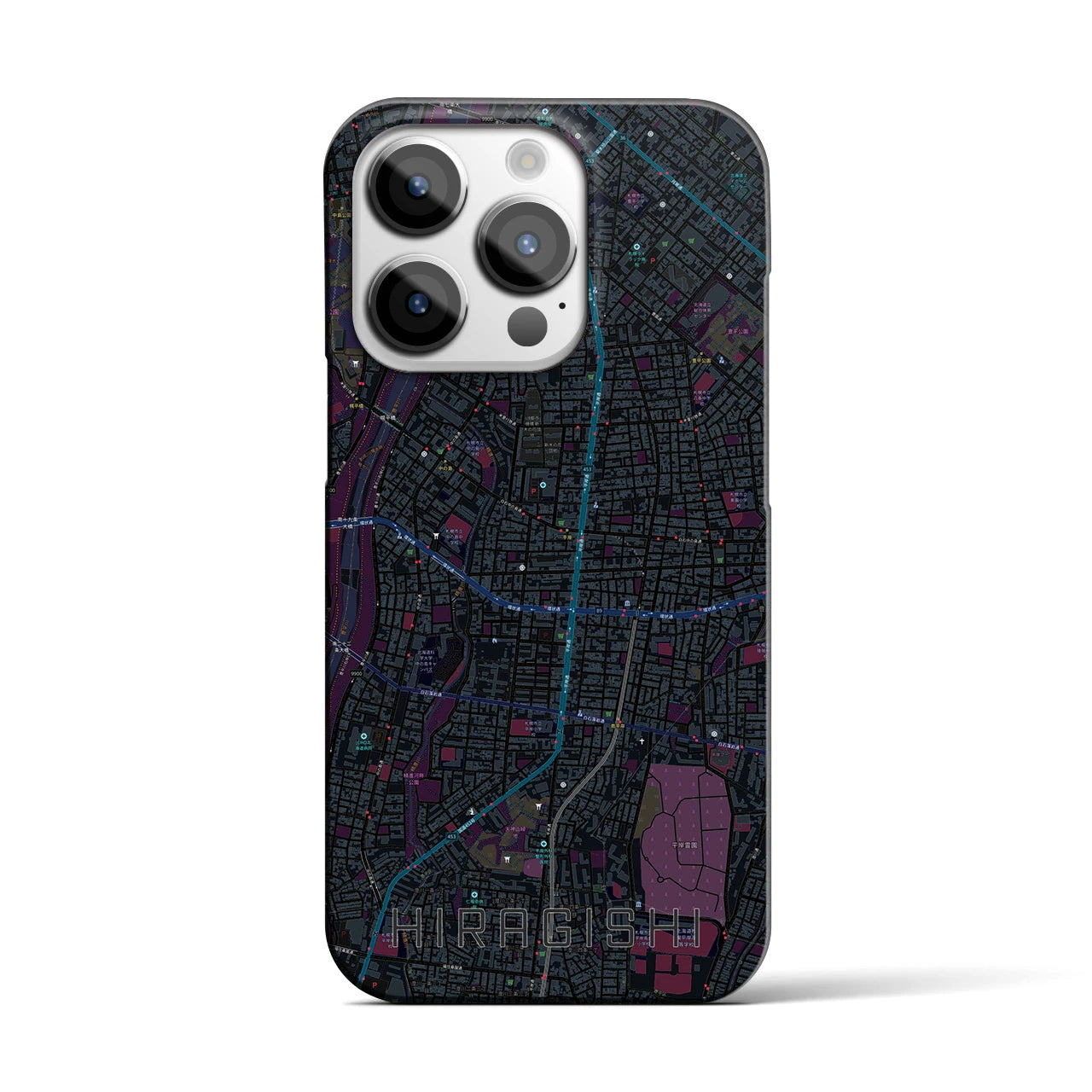 【平岸】地図柄iPhoneケース（バックカバータイプ・ブラック）iPhone 14 Pro 用