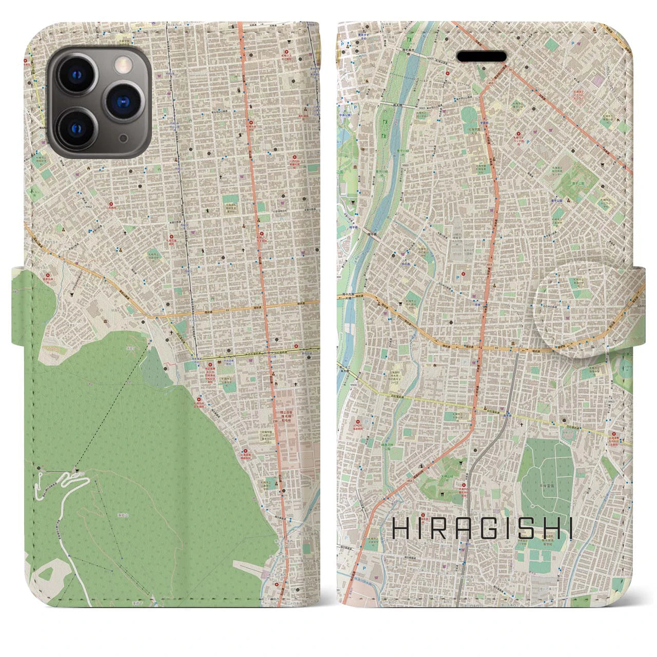 【平岸】地図柄iPhoneケース（手帳両面タイプ・ナチュラル）iPhone 11 Pro Max 用