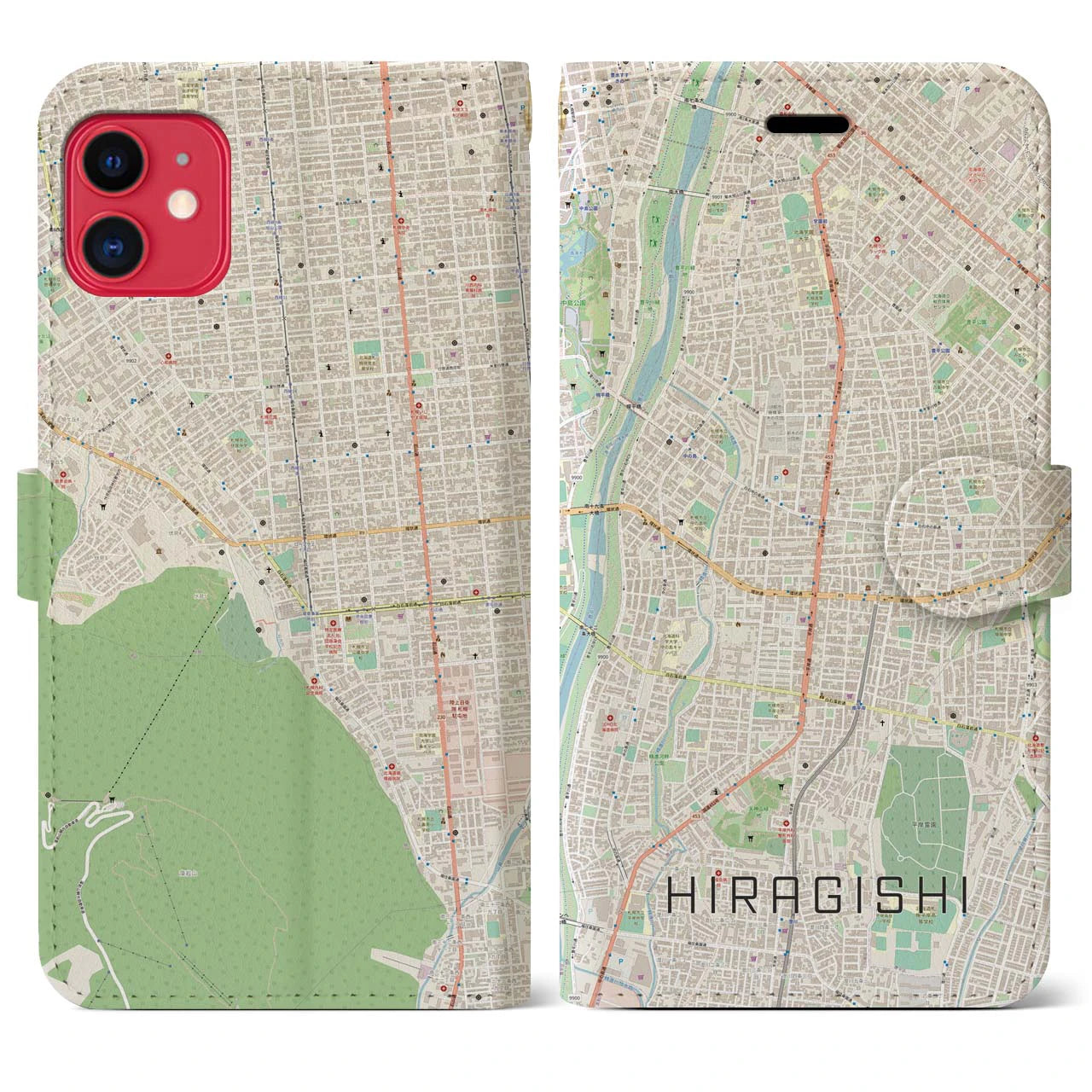 【平岸】地図柄iPhoneケース（手帳両面タイプ・ナチュラル）iPhone 11 用