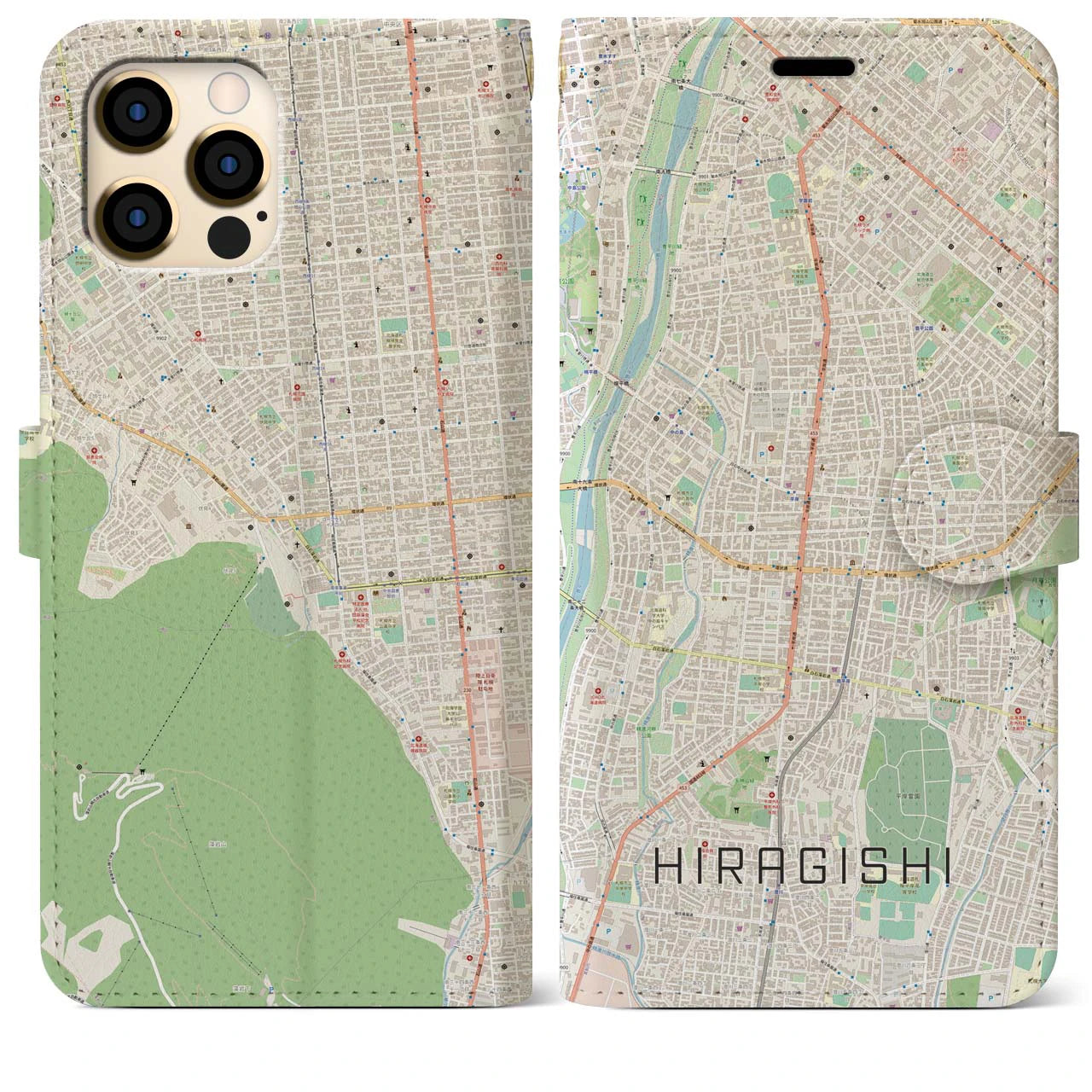 【平岸】地図柄iPhoneケース（手帳両面タイプ・ナチュラル）iPhone 12 Pro Max 用