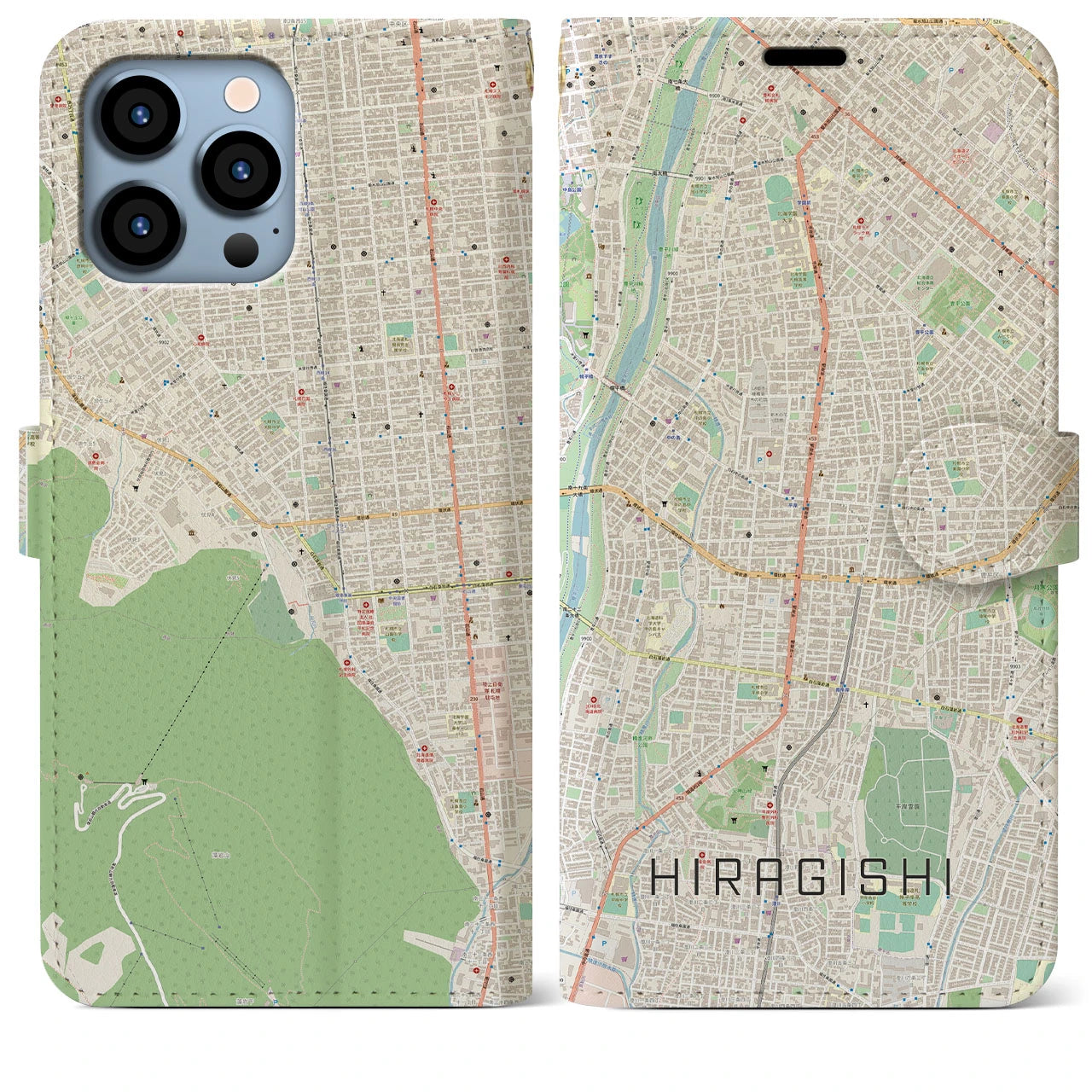 【平岸】地図柄iPhoneケース（手帳両面タイプ・ナチュラル）iPhone 13 Pro Max 用