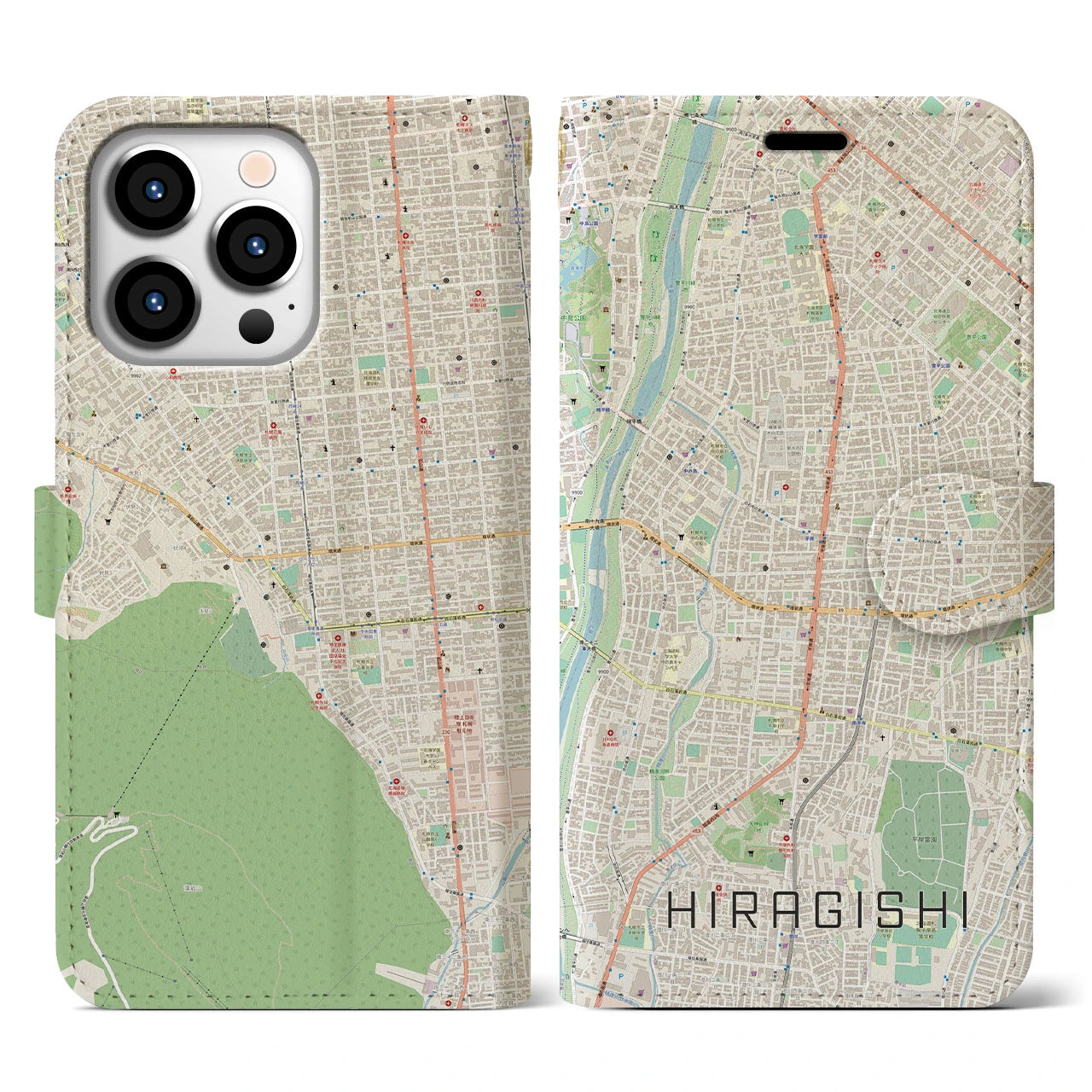 【平岸】地図柄iPhoneケース（手帳両面タイプ・ナチュラル）iPhone 13 Pro 用