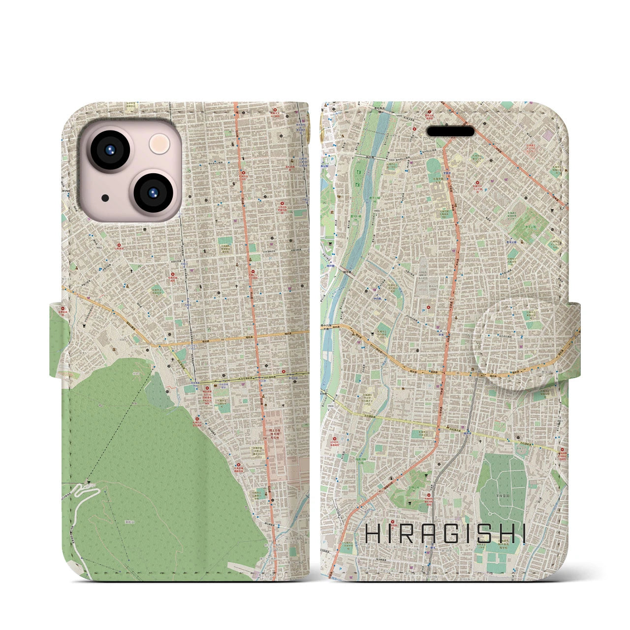 【平岸】地図柄iPhoneケース（手帳両面タイプ・ナチュラル）iPhone 13 mini 用