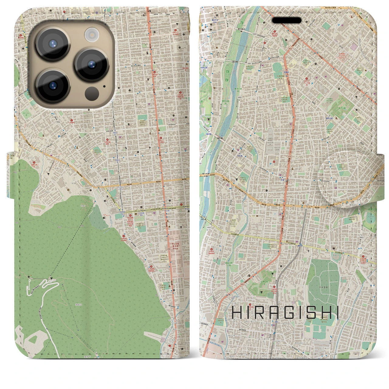 【平岸】地図柄iPhoneケース（手帳両面タイプ・ナチュラル）iPhone 14 Pro Max 用