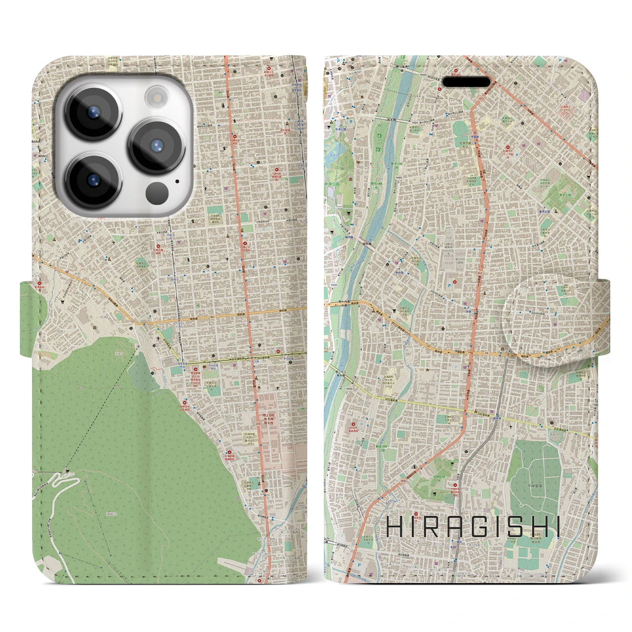 【平岸】地図柄iPhoneケース（手帳両面タイプ・ナチュラル）iPhone 14 Pro 用