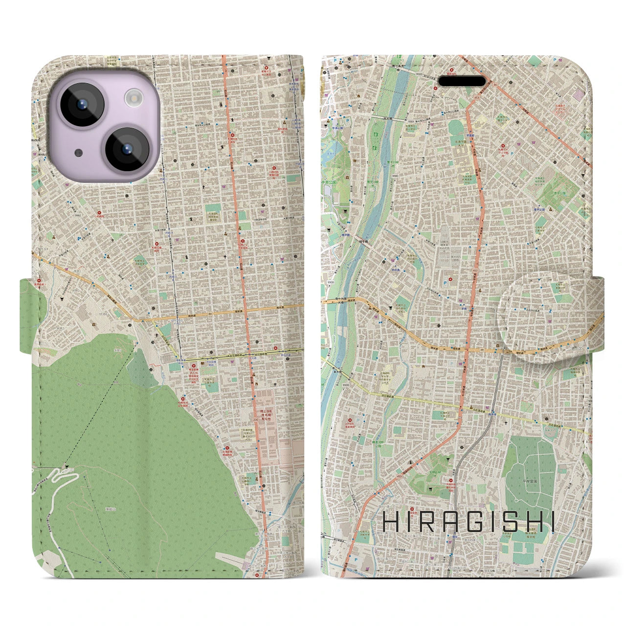 【平岸】地図柄iPhoneケース（手帳両面タイプ・ナチュラル）iPhone 14 用