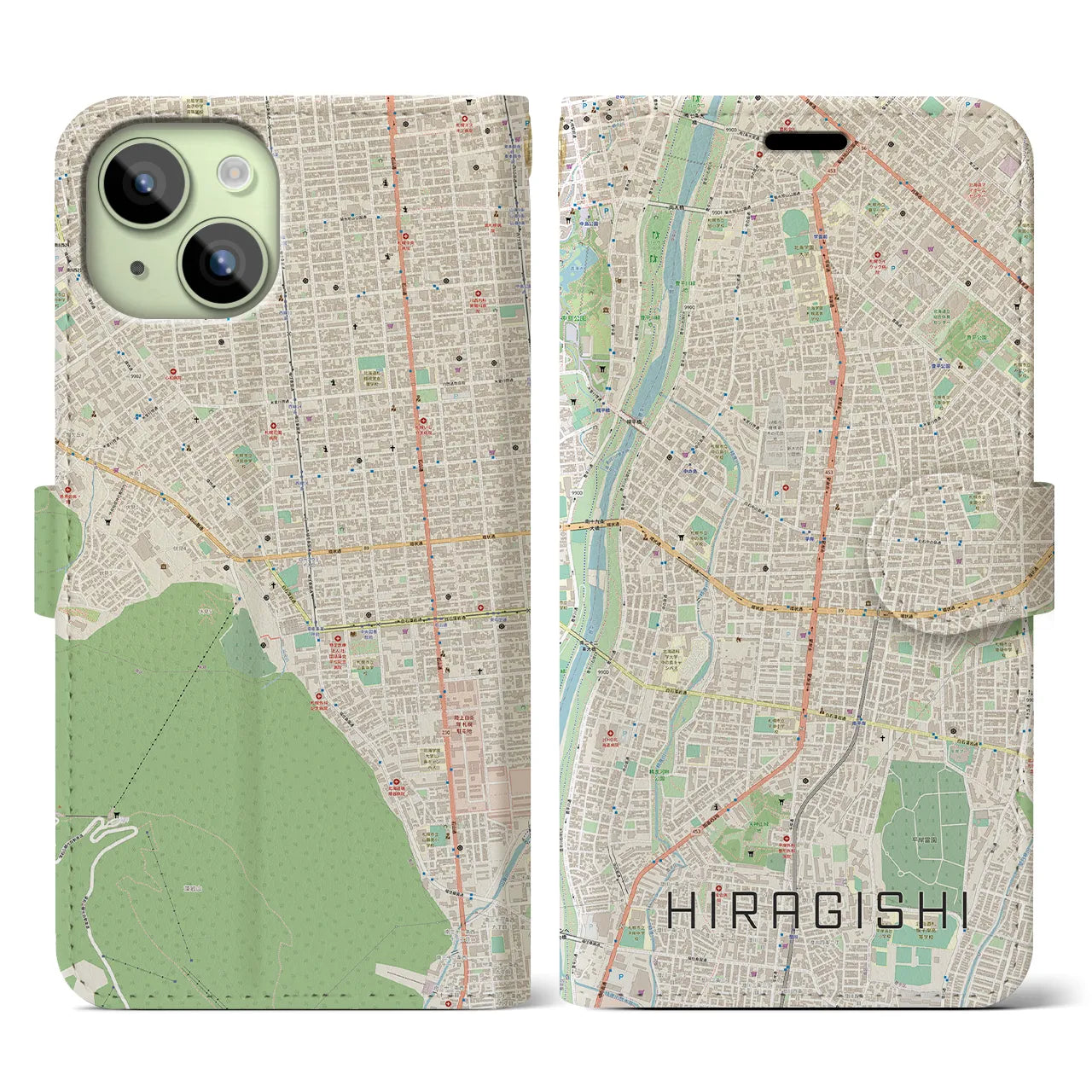 【平岸】地図柄iPhoneケース（手帳両面タイプ・ナチュラル）iPhone 15 用